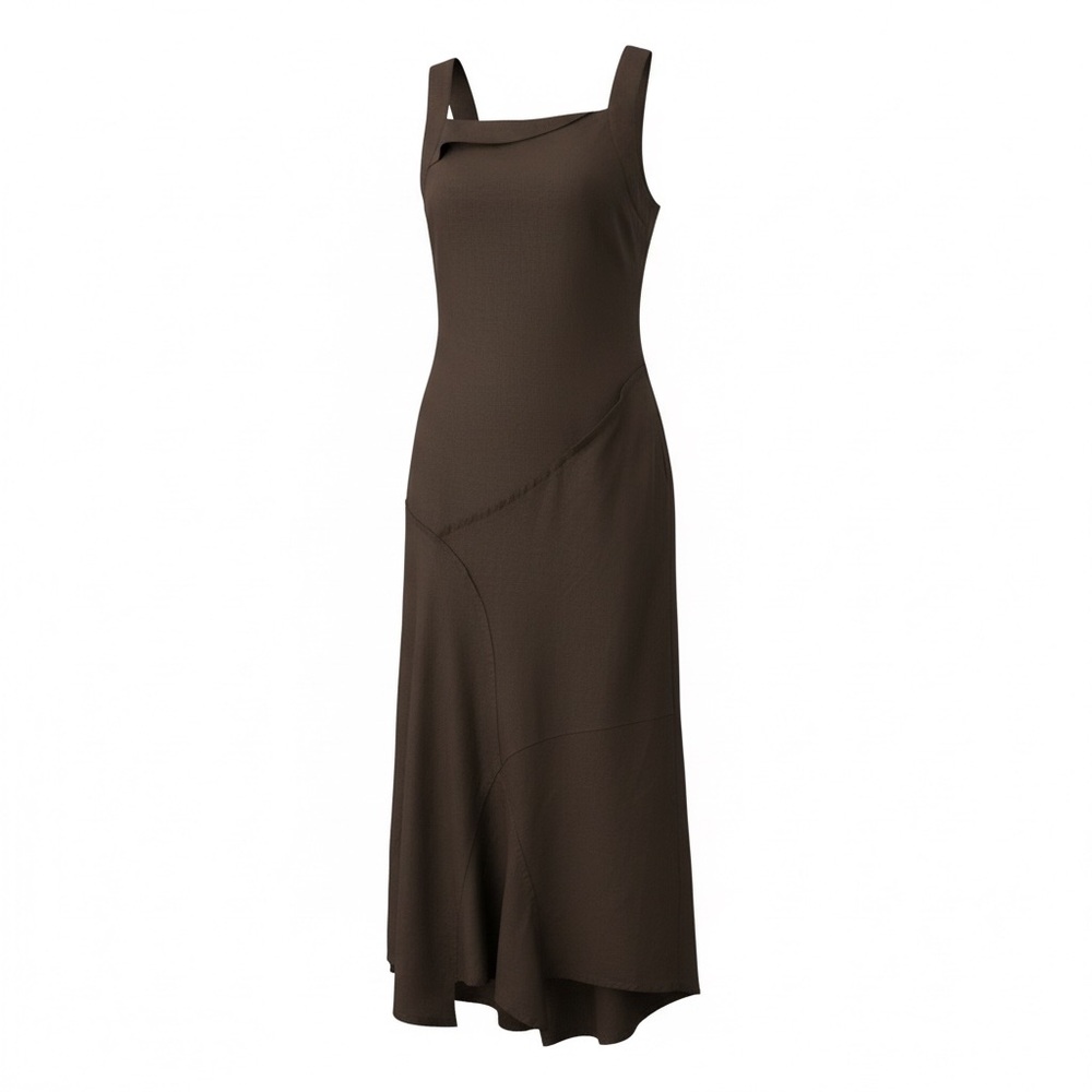 Crea Concept Brown Maxi Dress with Asymmetric Hem Avant-Garde Artistic Size Med